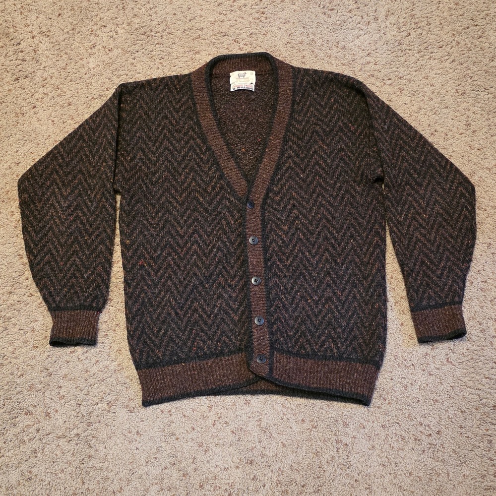 Lord Jeff Cardigan Sweater Large Shetland Wool Herringbone Made in USA